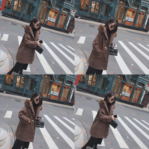 金蘑菇菇 巧克力牛角扣狐狸毛带帽羊毛呢外套特价不退不换 商品图0