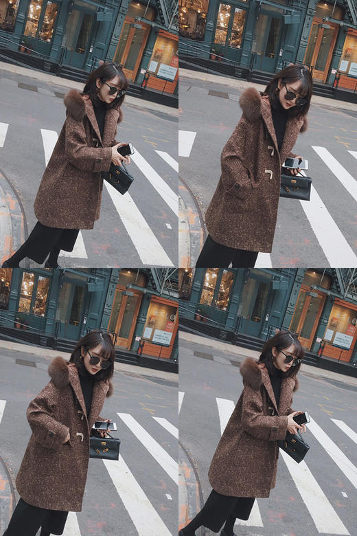 金蘑菇菇 巧克力牛角扣狐狸毛带帽羊毛呢外套特价不退不换 商品图5