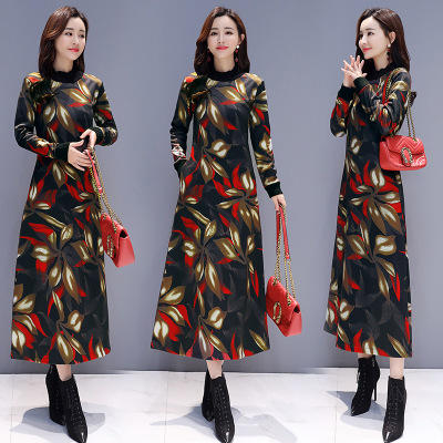 F PQ6063  秋冬民族风过膝打底加绒加厚连衣裙 商品图1