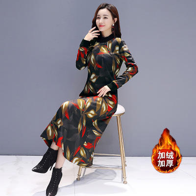 F PQ6063  秋冬民族风过膝打底加绒加厚连衣裙 商品图0