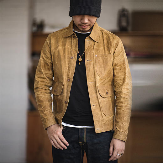 马登工装美式复古多口袋珠帆布油蜡夹克秋阿美咔叽卡其色外套男