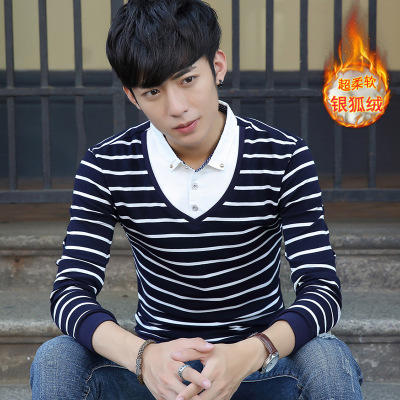 【服饰鞋包】秋季韩版修身条纹拼接男式假两件长袖t恤衬衫领翻领男装T恤 商品图2