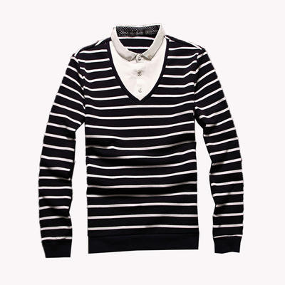 【服饰鞋包】秋季韩版修身条纹拼接男式假两件长袖t恤衬衫领翻领男装T恤 商品图1