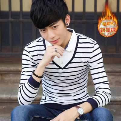 【服饰鞋包】秋季韩版修身条纹拼接男式假两件长袖t恤衬衫领翻领男装T恤 商品图5