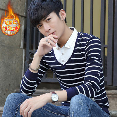 【服饰鞋包】秋季韩版修身条纹拼接男式假两件长袖t恤衬衫领翻领男装T恤 商品图4