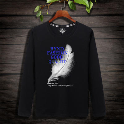 【服饰鞋包】秋款长袖男t恤大码韩版羽毛图案潮流圆领打底衫男长袖t恤 商品图1
