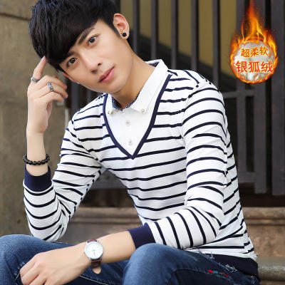 【服饰鞋包】秋季韩版修身条纹拼接男式假两件长袖t恤衬衫领翻领男装T恤 商品图3