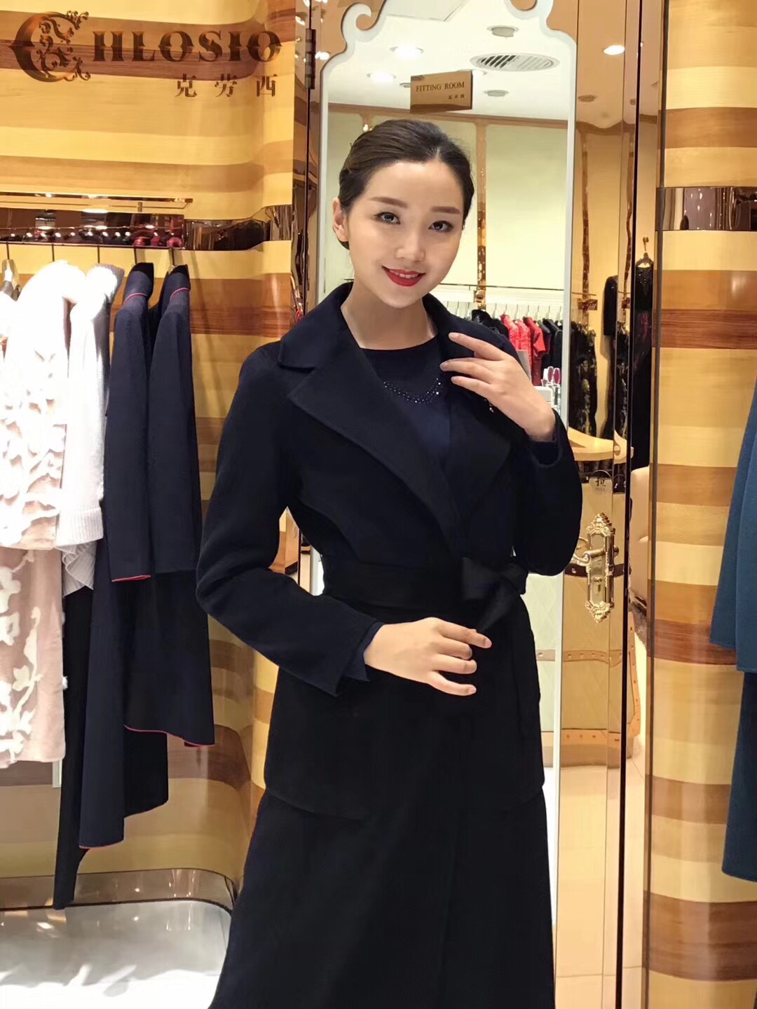 大衣季3楼克劳西chlosio冬款极品山羊绒大衣西装领黑色修身