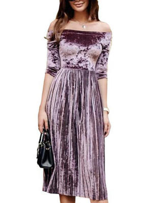 【服饰鞋包】新款女装 欧美一字肩压褶绒四分袖长款连衣裙女 商品图2