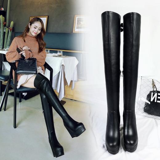 秋冬新款欧美风坡跟防水台头层真皮大码过膝长靴侧拉链系带显瘦长筒靴