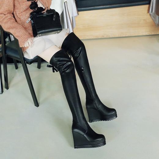 秋冬新款欧美风坡跟防水台头层真皮大码过膝长靴侧拉链系带显瘦长筒靴