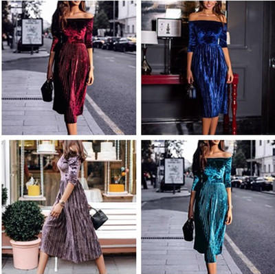 【服饰鞋包】新款女装 欧美一字肩压褶绒四分袖长款连衣裙女 商品图4