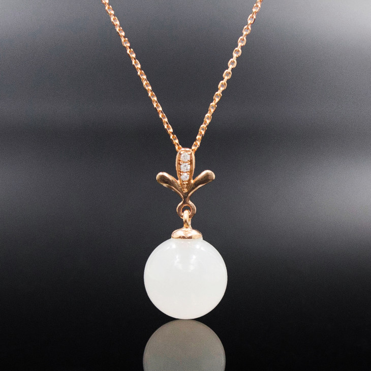 18k玫瑰金和田玉白玉镶钻玉珠吊坠三叶草玉珠10mm