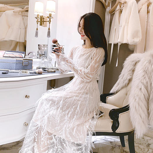 张心子宴会年会礼服裙女秋冬新款名媛羽毛流苏网纱连衣裙仙气111114