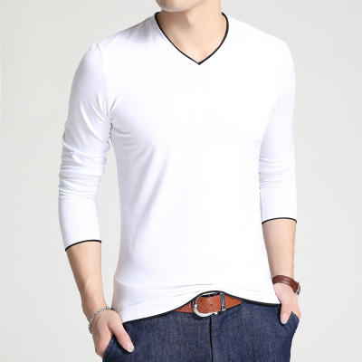 【服饰鞋包】秋季男式纯色棉T恤 青年长袖休闲V领百搭纯T简单款 商品图1