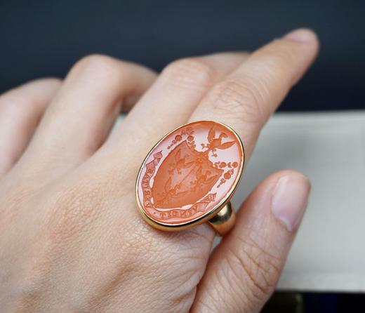 英国古董9k金镶嵌家族盾牌式火漆玛瑙印章戒指o frantiques英国古董