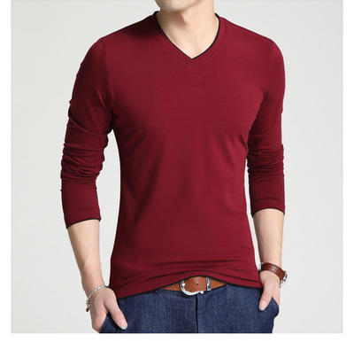 【服饰鞋包】秋季男式纯色棉T恤 青年长袖休闲V领百搭纯T简单款 商品图5