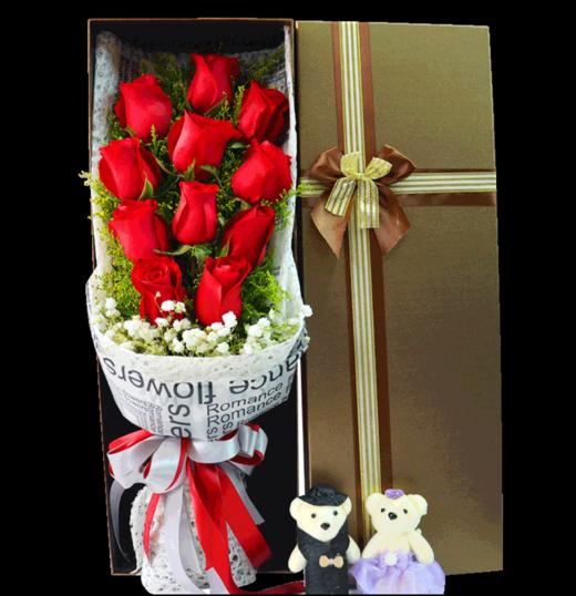 一生的爱	11枝红玫瑰，2只小熊，黄莺满天星搭配（1652） 商品图0