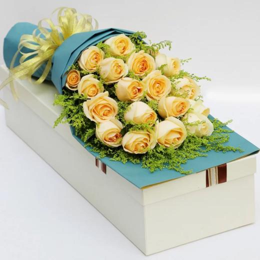 夏之物语19支香槟玫瑰黄莺搭配礼盒包装1654