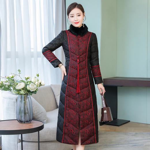 gzmas8039冬季香云纱复古保暖修身羽绒棉服中式长款女士旗袍外套女