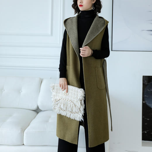 tc m1163双面呢马甲女长款背心羊毛绒无袖毛呢外套 【双面穿】