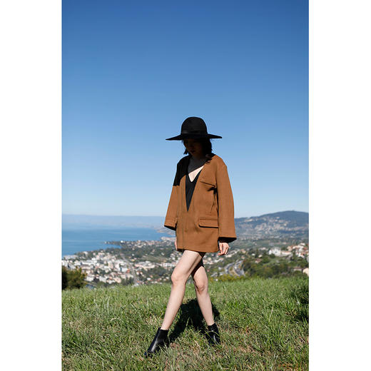 棕色V领羊毛廓形西装感上衣 商品图2