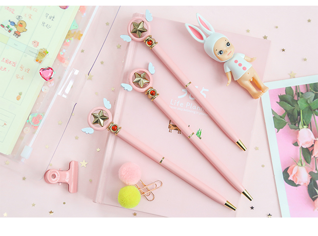 三年二班文具粉色少女心小翅膀圆珠笔05mm黑色水笔个性签字笔