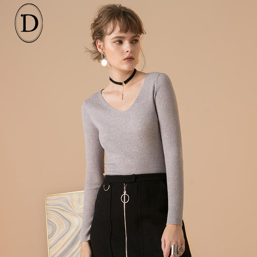 100羊毛针织衫v领长袖打底衫修身毛衣女纯羊毛衫冬装新款