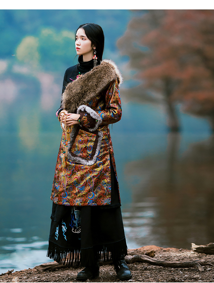 花制作朗格多姆冬季新款改良藏袍棉袄民族风中长款高端织锦棉衣