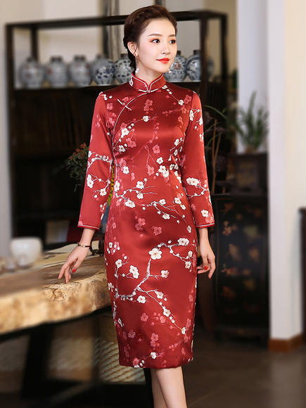 真丝长袖夹棉加厚改良妈妈装端庄婚宴旗袍wxy-q8642