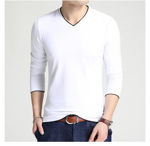 【服饰鞋包】秋季男式纯色棉T恤 青年长袖休闲V领百搭纯T简单款 商品图0