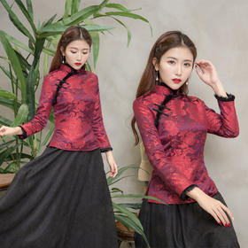 F  NQ6152秋冬加厚红色旗袍上衣妈妈装复古修身加高档兔毛棉唐装上衣