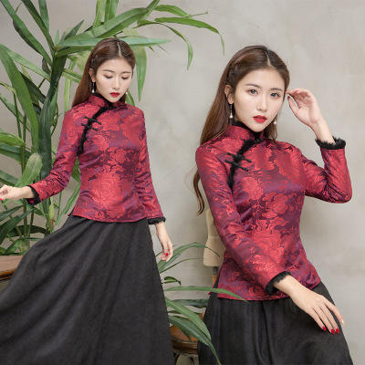 F  NQ6152秋冬加厚红色旗袍上衣妈妈装复古修身加高档兔毛棉唐装上衣 商品图0