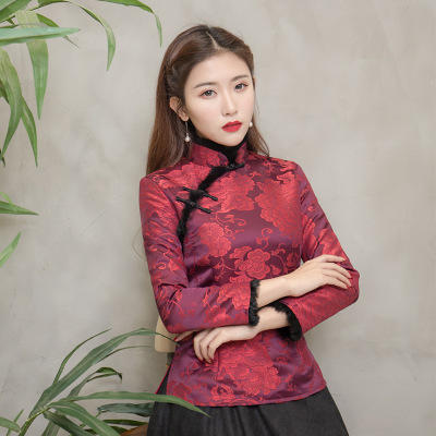 F  NQ6152秋冬加厚红色旗袍上衣妈妈装复古修身加高档兔毛棉唐装上衣 商品图2