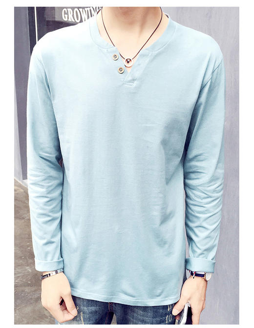 【T恤男】秋季新款男士V领长袖T恤上衣服青年纯棉长袖男装潮 商品图0