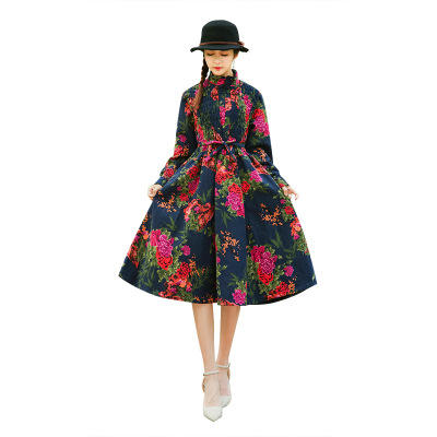 F  A2173民族风女装加绒加厚连衣裙高腰宽松显瘦棉麻长裙 商品图4