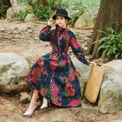 F  A2173民族风女装加绒加厚连衣裙高腰宽松显瘦棉麻长裙 商品图1