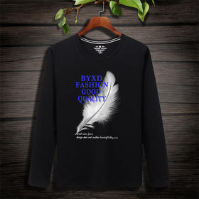 【服饰鞋包】秋款长袖男t恤大码韩版羽毛图案潮流圆领打底衫男长袖t恤