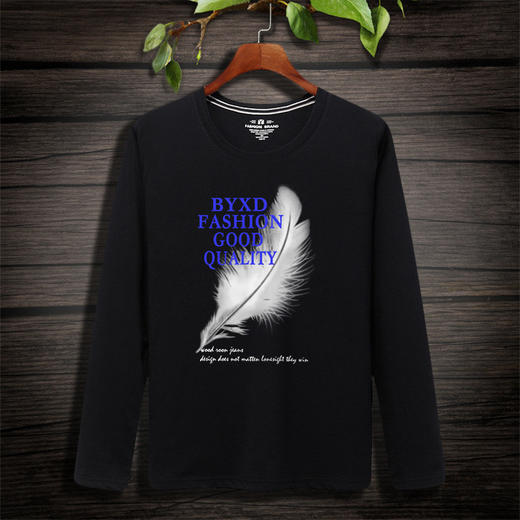 【服饰鞋包】秋款长袖男t恤大码韩版羽毛图案潮流圆领打底衫男长袖t恤 商品图0