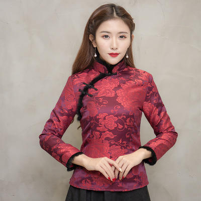 F  NQ6152秋冬加厚红色旗袍上衣妈妈装复古修身加高档兔毛棉唐装上衣 商品图3