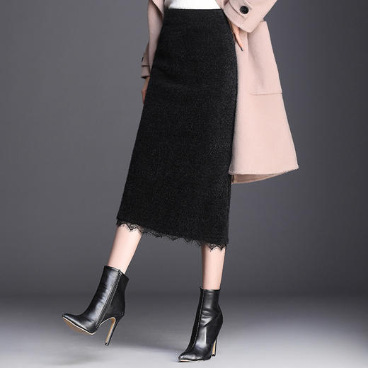 冬季新款韩版气质水貂绒针织裙拼接蕾丝高腰包臀裙半身裙pxsj6121