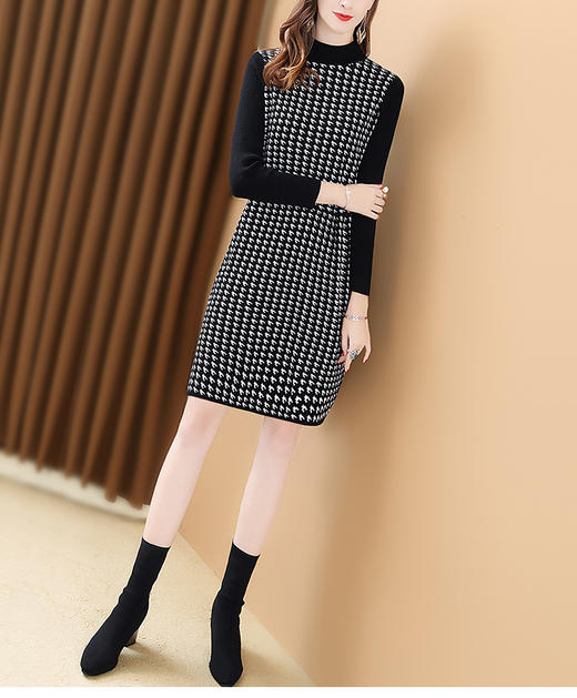 冬季打底连衣裙时尚千鸟格收腰中长款长袖针织裙xfl809