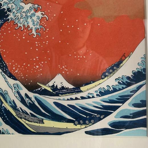 葛饰北斋特制红色神奈川冲浪里珍贵手工木刻浮世绘版画含装裱