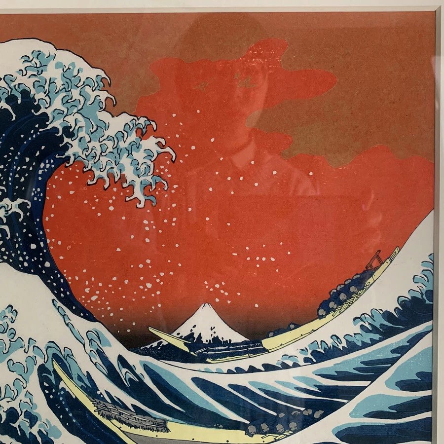 葛饰北斋 特制红色神奈川冲浪里 珍贵手工木刻浮世绘版画含装裱 - 利维坦书摊