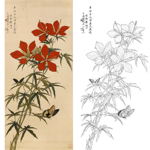 于非闇竖幅工笔花鸟白描底稿秋葵蛱蝶图多种白描尺寸可选yf35