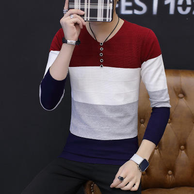 【T恤男】秋季青少年针织衫V领薄款拼色韩版修身毛衣男 商品图0