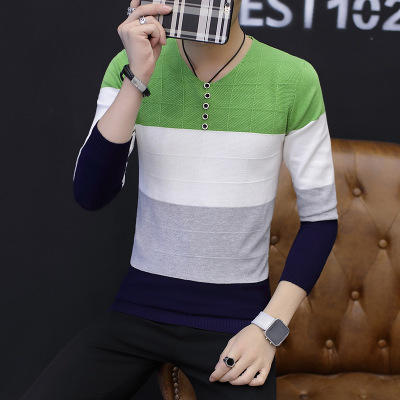 【T恤男】秋季青少年针织衫V领薄款拼色韩版修身毛衣男 商品图1