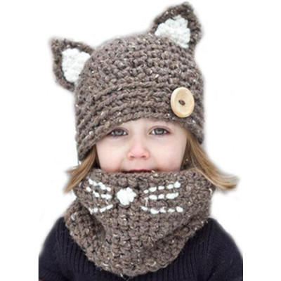 欧美外贸热销狐狸手工儿童猫咪毛线帽子围脖两用宝宝冬保暖针织帽 商品图1