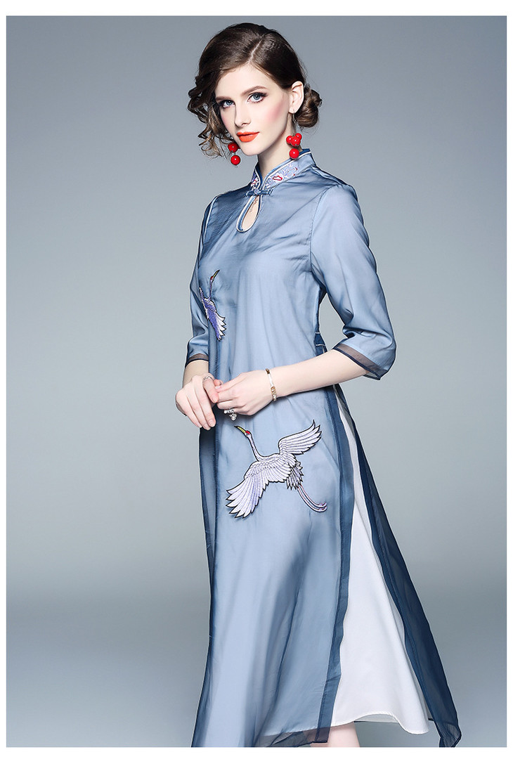 中国风仙鹤刺绣旗袍连衣裙fl18351