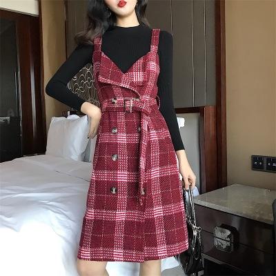 【服饰鞋包】复古女装温柔风格子打底裙子收腰背带裙中长款连衣裙 商品图3